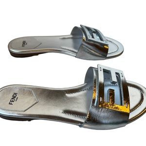 New Fendi Baguette Metallic Silver Slide Sandals.